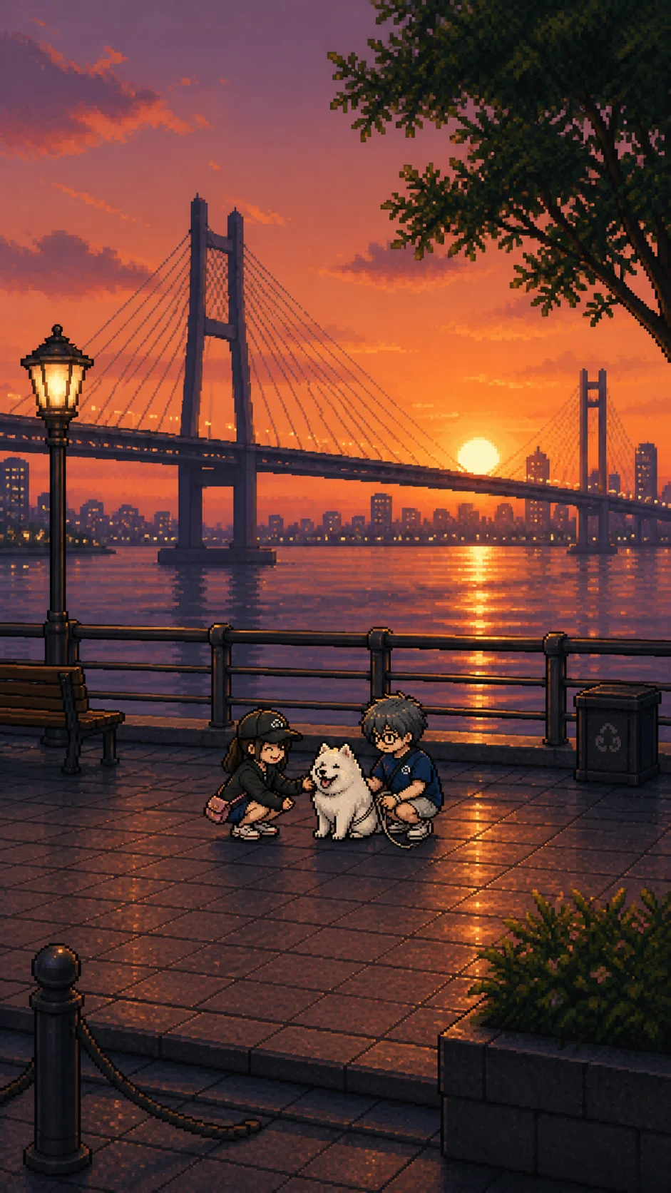 像素风夕阳江边场景