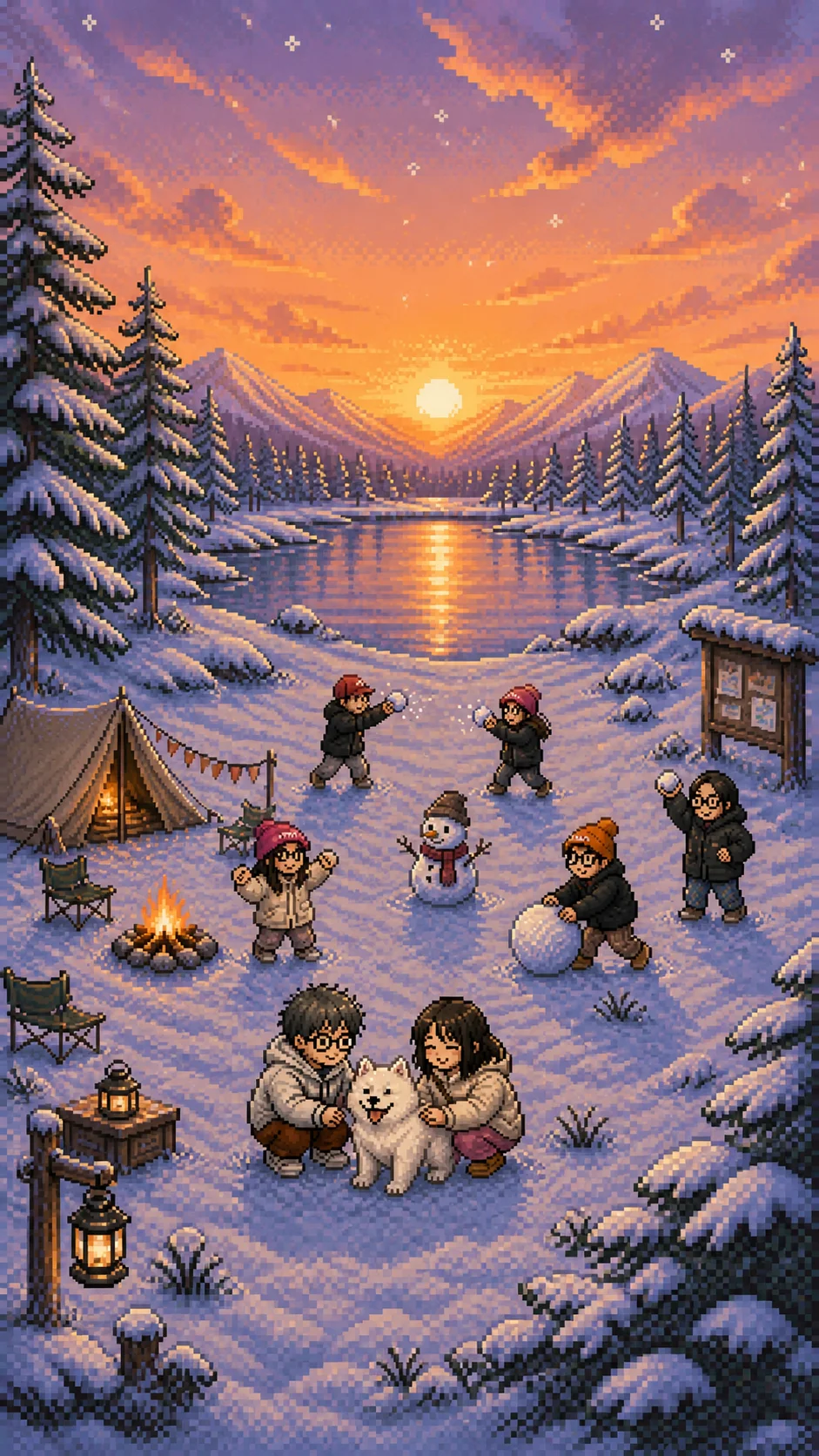 像素风雪地篝火聚会场景